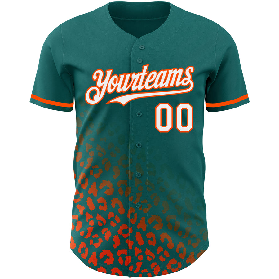 Custom Teal White-Orange 3D Pattern Design Leopard Print Fade Fashion Authentic Baseball Jersey