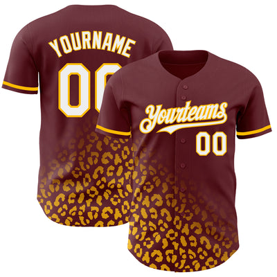 Custom Burgundy White-Gold 3D Pattern Design Leopard Print Fade Fashion Authentic Baseball Jersey