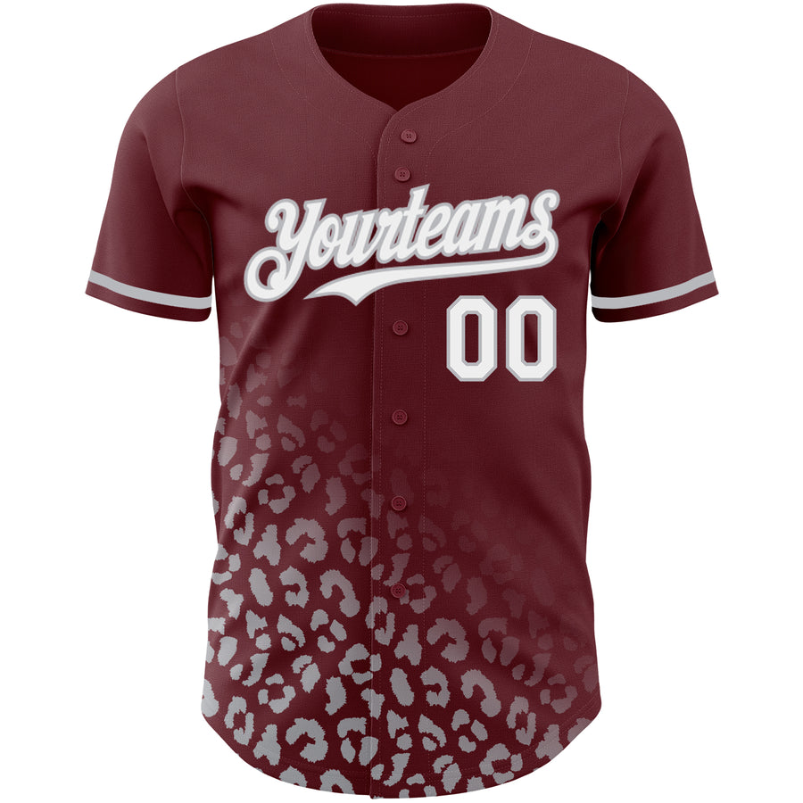 Custom Burgundy White-Gray 3D Pattern Design Leopard Print Fade Fashion Authentic Baseball Jersey