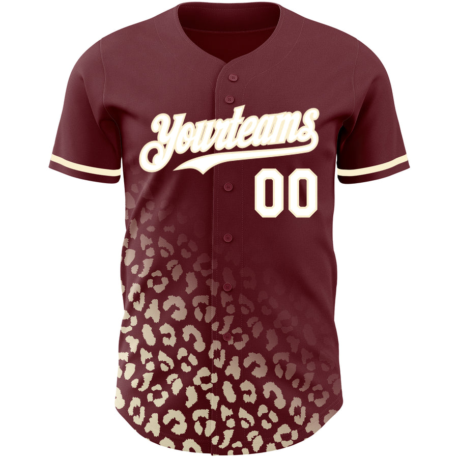 Custom Burgundy White-Cream 3D Pattern Design Leopard Print Fade Fashion Authentic Baseball Jersey