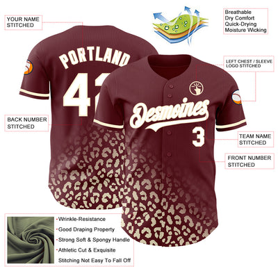 Custom Burgundy White-Cream 3D Pattern Design Leopard Print Fade Fashion Authentic Baseball Jersey