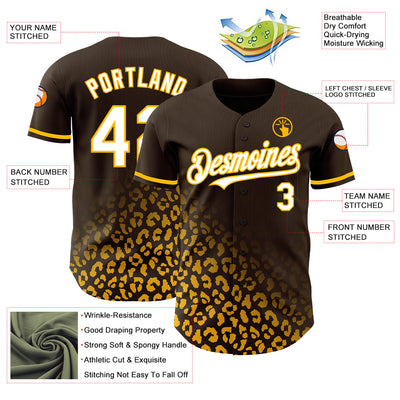 Custom Brown White-Gold 3D Pattern Design Leopard Print Fade Fashion Authentic Baseball Jersey