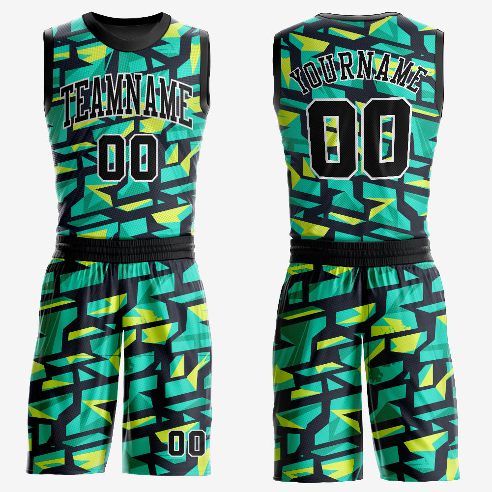 FANSIDEA Custom Basketball Jersey Neon Green Navy Round Neck Sublimation Basketball Suit Jersey Men's Size:M