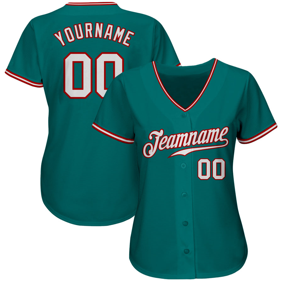 Custom Teal White-Red Authentic Baseball Jersey