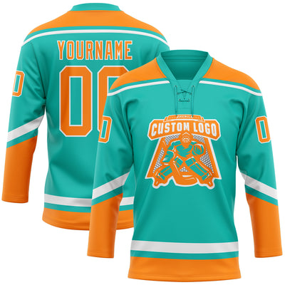 Custom Aqua Bay Orange-White Hockey Lace Neck Jersey