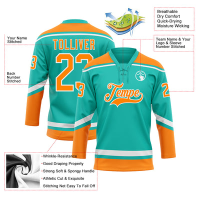 Custom Aqua Bay Orange-White Hockey Lace Neck Jersey