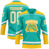 Custom Aqua White-Yellow Hockey Lace Neck Jersey