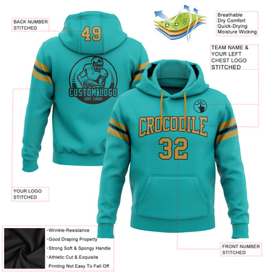 Custom Stitched Aqua Old Gold-Black Football Pullover Sweatshirt Hoodie