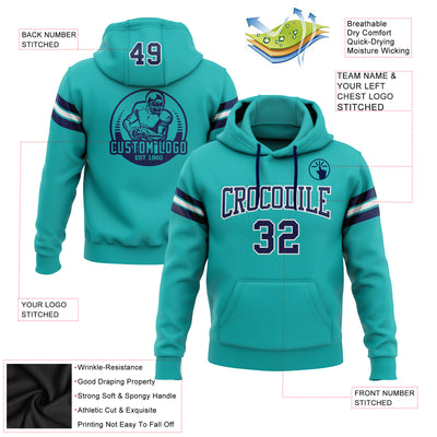 Custom Stitched Aqua Navy-White Football Pullover Sweatshirt Hoodie