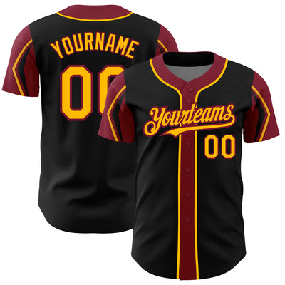 Custom Black Gold-Crimson 3 Colors Arm Shapes Authentic Baseball Jersey