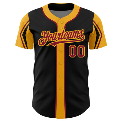 Custom Black Crimson-Gold 3 Colors Arm Shapes Authentic Baseball Jersey