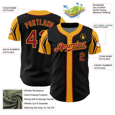 Custom Black Crimson-Gold 3 Colors Arm Shapes Authentic Baseball Jersey