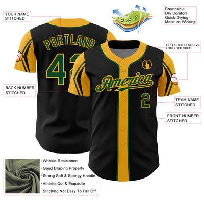 Custom Black Green-Gold 3 Colors Arm Shapes Authentic Baseball Jersey