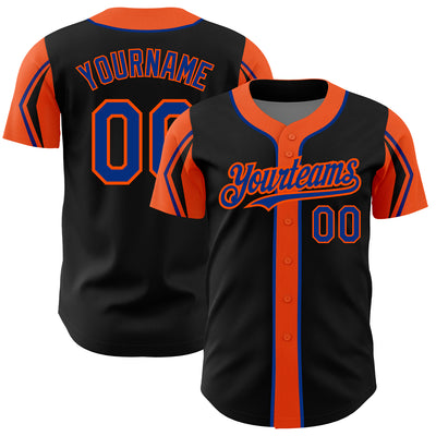 Custom Black Royal-Orange 3 Colors Arm Shapes Authentic Baseball Jersey