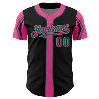 Custom Black Kelly Green-Pink 3 Colors Arm Shapes Authentic Baseball Jersey