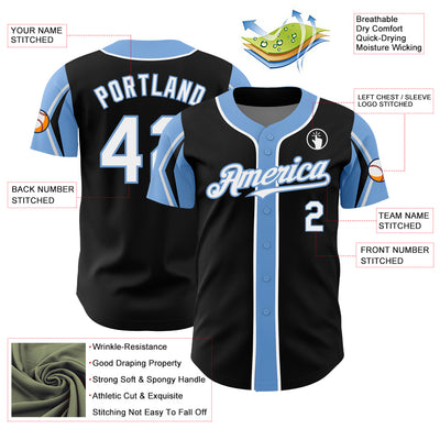 Custom Black White-Light Blue 3 Colors Arm Shapes Authentic Baseball Jersey