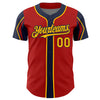 Custom Red Gold-Navy 3 Colors Arm Shapes Authentic Baseball Jersey