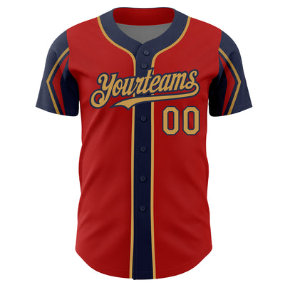 Custom Red Old Gold-Navy 3 Colors Arm Shapes Authentic Baseball Jersey