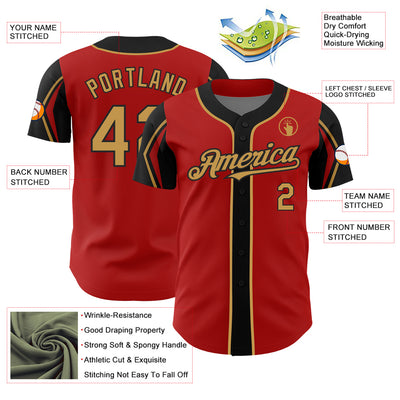 Custom Red Old Gold-Black 3 Colors Arm Shapes Authentic Baseball Jersey