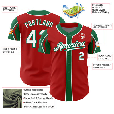 Custom Red White-Kelly Green 3 Colors Arm Shapes Authentic Baseball Jersey