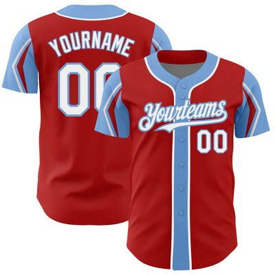 Custom Red White-Light Blue 3 Colors Arm Shapes Authentic Baseball Jersey