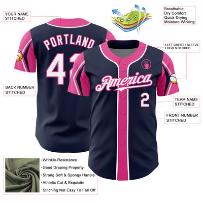 Custom Navy White-Pink 3 Colors Arm Shapes Authentic Baseball Jersey