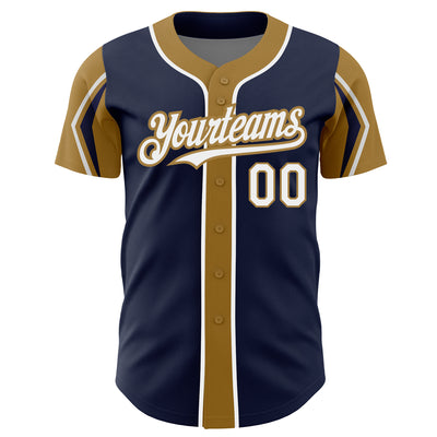 Custom Navy White-Old Gold 3 Colors Arm Shapes Authentic Baseball Jersey