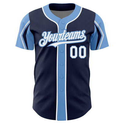 Custom Navy White-Light Blue 3 Colors Arm Shapes Authentic Baseball Jersey