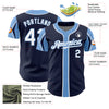 Custom Navy White-Light Blue 3 Colors Arm Shapes Authentic Baseball Jersey