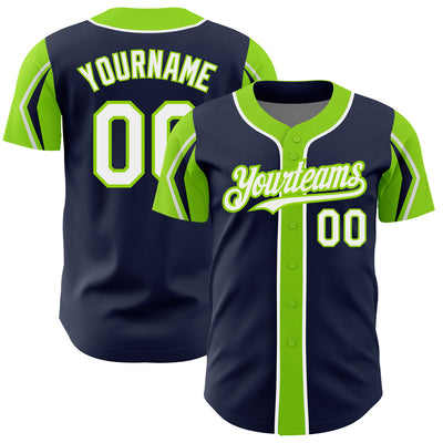 Custom Navy White-Neon Green 3 Colors Arm Shapes Authentic Baseball Jersey