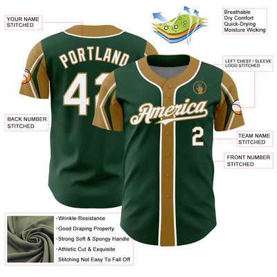 Custom Green White-Old Gold 3 Colors Arm Shapes Authentic Baseball Jersey