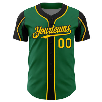 Custom Kelly Green Yellow-Black 3 Colors Arm Shapes Authentic Baseball Jersey