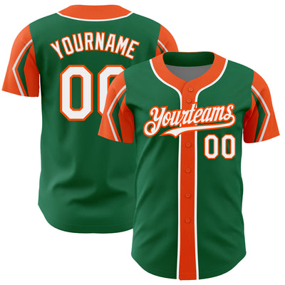 Custom Kelly Green White-Orange 3 Colors Arm Shapes Authentic Baseball Jersey