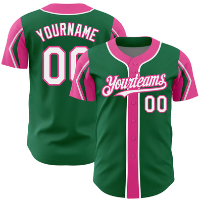 Custom Kelly Green White-Pink 3 Colors Arm Shapes Authentic Baseball Jersey