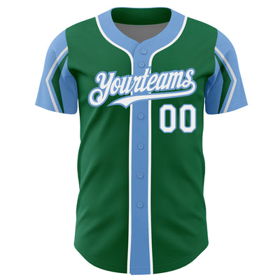 Custom Kelly Green White-Light Blue 3 Colors Arm Shapes Authentic Baseball Jersey