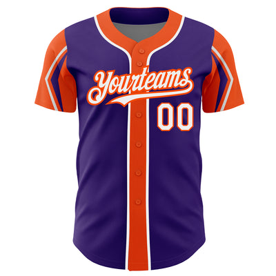 Custom Purple White-Orange 3 Colors Arm Shapes Authentic Baseball Jersey