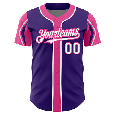 Custom Purple White-Pink 3 Colors Arm Shapes Authentic Baseball Jersey