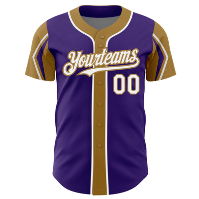 Custom Purple White-Old Gold 3 Colors Arm Shapes Authentic Baseball Jersey