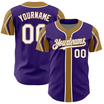 Custom Purple White-Old Gold 3 Colors Arm Shapes Authentic Baseball Jersey