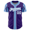 Custom Purple White-Light Blue 3 Colors Arm Shapes Authentic Baseball Jersey