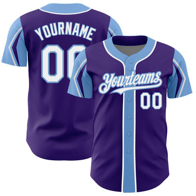 Custom Purple White-Light Blue 3 Colors Arm Shapes Authentic Baseball Jersey