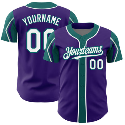 Custom Purple White-Teal 3 Colors Arm Shapes Authentic Baseball Jersey