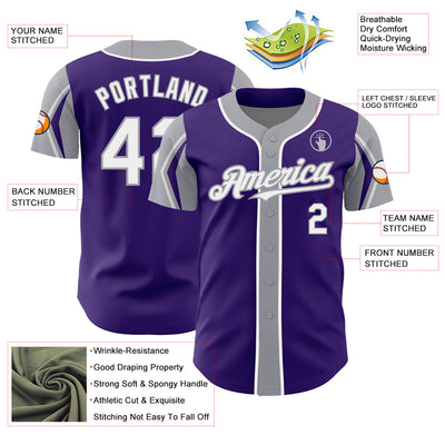 Custom Purple White-Gray 3 Colors Arm Shapes Authentic Baseball Jersey