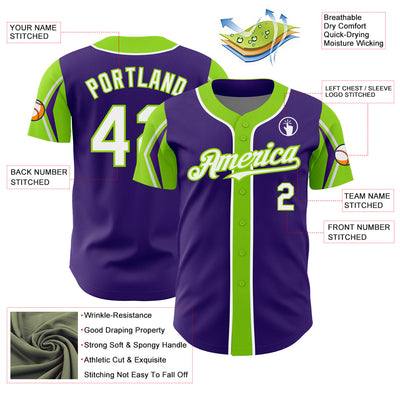 Custom Purple White-Neon Green 3 Colors Arm Shapes Authentic Baseball Jersey