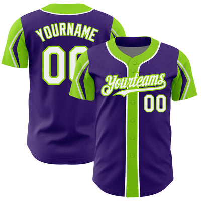 Custom Purple White-Neon Green 3 Colors Arm Shapes Authentic Baseball Jersey