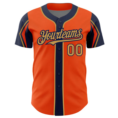 Custom Orange Old Gold-Navy 3 Colors Arm Shapes Authentic Baseball Jersey