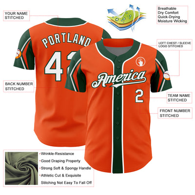 Custom Orange White-Green 3 Colors Arm Shapes Authentic Baseball Jersey