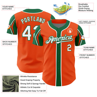 Custom Orange White-Kelly Green 3 Colors Arm Shapes Authentic Baseball Jersey