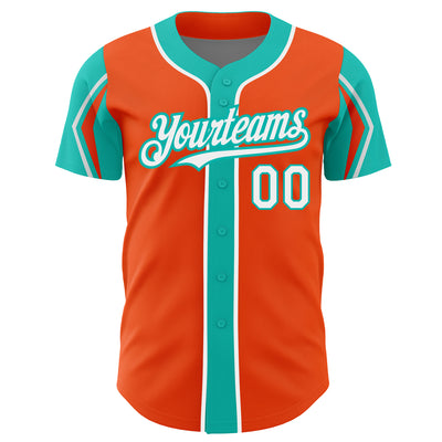 Custom Orange White-Aqua 3 Colors Arm Shapes Authentic Baseball Jersey