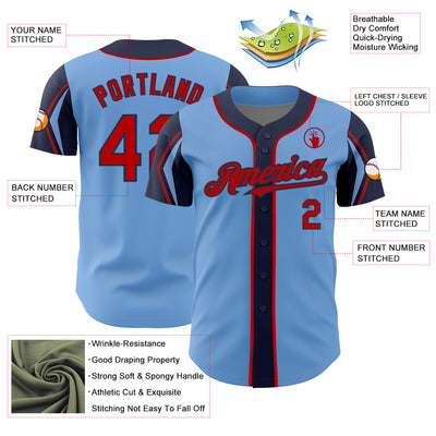 Custom Light Blue Red-Navy 3 Colors Arm Shapes Authentic Baseball Jersey